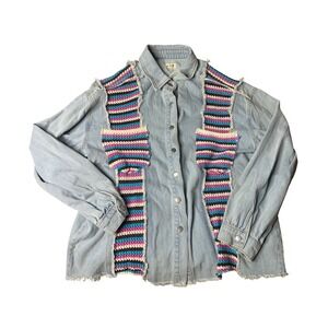 POL Women's L‎ crochet knit jean button jacket cottage core unique